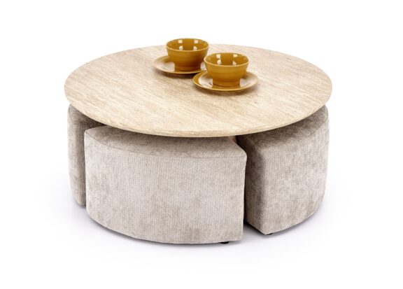 NUGAT ława z pufami ława: trawertyn, pufa: jasny popiel