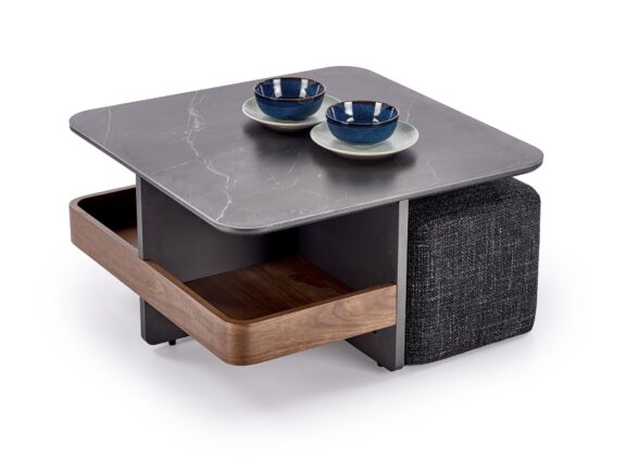 VICKER ława z pufami blat: czarny marmur, rama: czarny / orzech, pufa: ciemny popiel