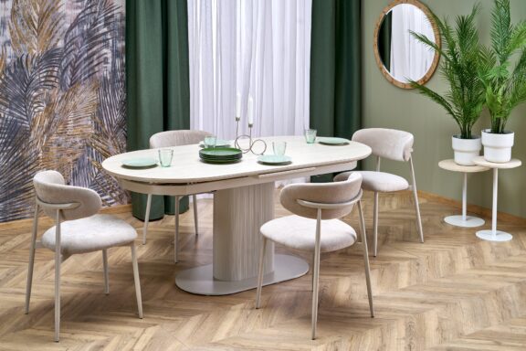 FALONE stół rozkładany blat - jasny trawertyn, noga - kaszmir