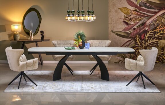 VITRUS stół rozkładany, blat - jasny trawertyn, nogi - czarny