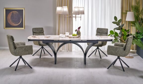 ALTER stół owalny, blat - beżowy marmur, nogi - czarny