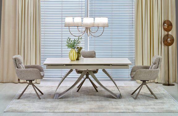 HILARIO stół rozkładany, blat - jasny trawertyn, nogi - kaszmir