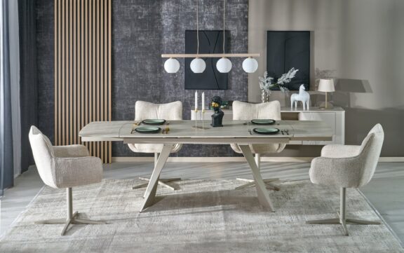 ARMANI stół rozkładany, blat - trawertyn, nogi - kaszmir