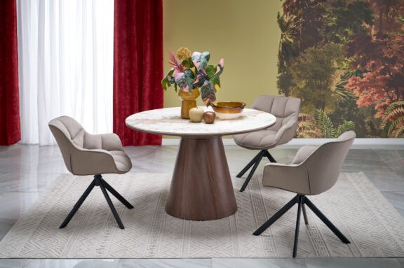 ARANI stół okrągły, beżowy marmur / orzechowy