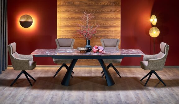 MARVIN stół rozkładany, blat - bordowy marmur, noga - czarny