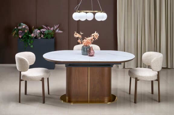 GIBSON stół rozkładany, biały marmur / orzechowy / złoty