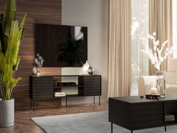 CORTINA szafka RTV 180 EF  czarny/czarny , z możliwością montażu kominka - kupowany oddzielnie